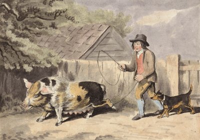 Fermier emmenant son cochon au marché (gravure en couleur) - English School