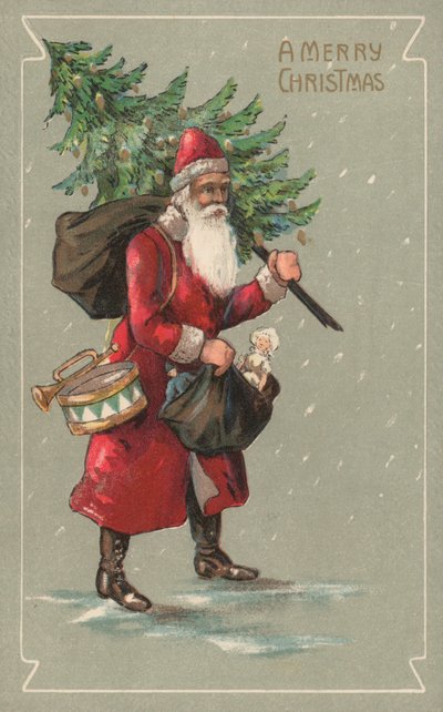 Père Noël portant un sac de jouets et un sapin de Noël - English School