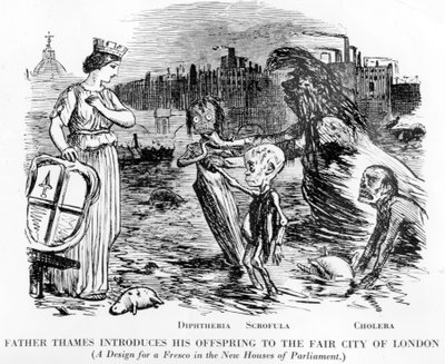 Le Père Thames Présentant sa Progéniture à la Belle Ville de Londres, la progéniture étant la Diphtérie, la Scrofule et le Choléra. Plus un égout à ciel ouvert qu