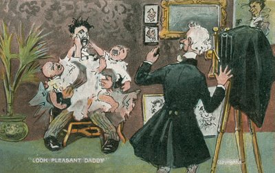 Père posant pour une photographie avec deux bébés hurlant sur ses genoux (lithographie couleur) - English School