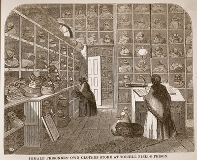 Magasin de vêtements des prisonnières à la prison de Tothill Fields, illustration de The Criminal Prisons of London and Scenes from Prison Life par Henry Mayhew et John Binny, pub. 1862 - English School