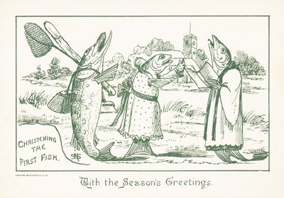 Poissons en vêtements chantant, Carte de Noël - English School