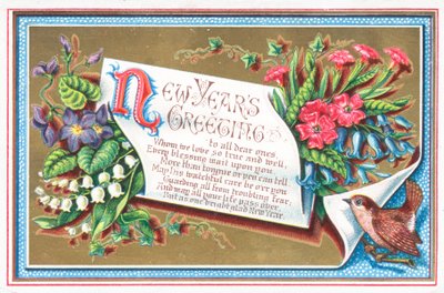 Fleurs et oiseau, Carte de Nouvel An - English School