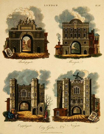 Quatre portes de la ville : Bishopsgate, Moorgate, Cripplegate et Newgate, gravées par J. Pass, publiées par G. Jones - English School