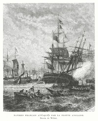 Navires de guerre français attaqués par une flotte britannique - English School