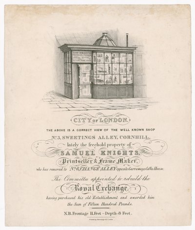 Façade du n° 3, Sweetings Alley, Cornhill, propriété récente de Samuel Knights, marchand d