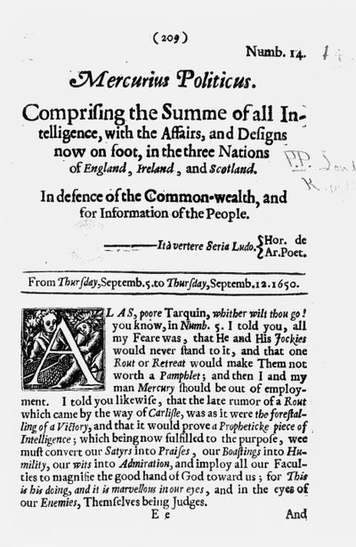 Première page, de Mercurius Politicus, en défense du Commonwealth et pour l