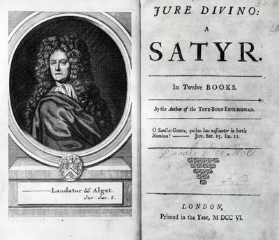 Frontispice et page de titre pour Jure Divino : Une satire par Daniel Defoe, publié en 1706 - English School