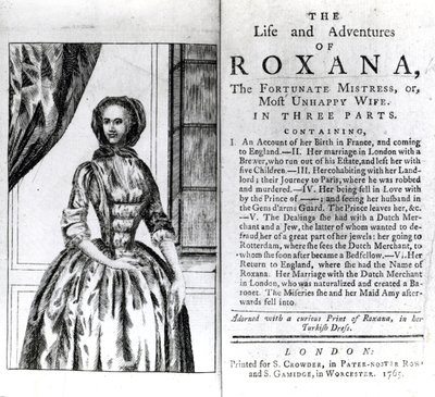 Frontispice et page de titre pour La Vie et les Aventures de Roxana par Daniel Defoe, publié en 1765 - English School