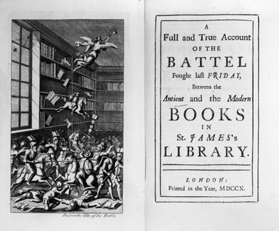 Frontispice et page de titre de The Battle of the Books par Jonathan Swift, publié en 1710 - English School