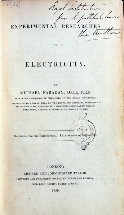 Frontispice pour Recherches expérimentales en électricité par Michael Faraday (1791-1867) publié en 1839 - English School