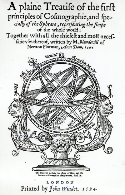 Frontispice de A Plain Treatise of the First Principles of Cosmographie par Thomas Blundeville, publié en 1594 - English School