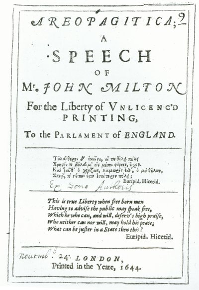 Frontispice de Areopagitica, un discours de John Milton publié en 1644 - English School