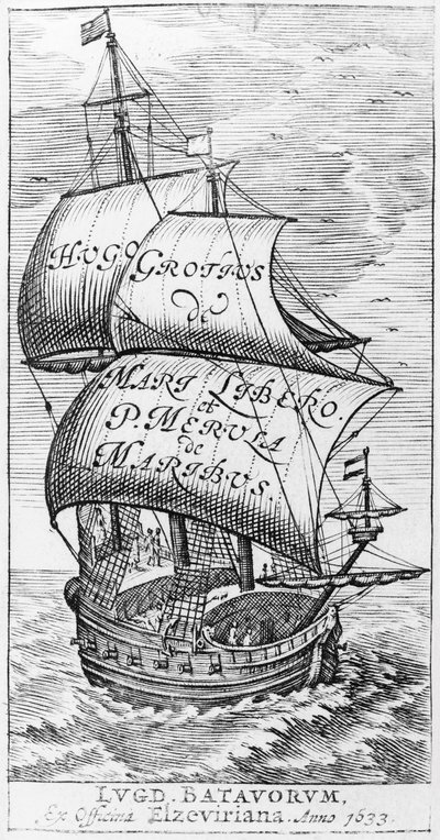 Frontispice de De mari libero, par Hugo Grotius et Paulus van Merula de Maribus, 1633 - English School