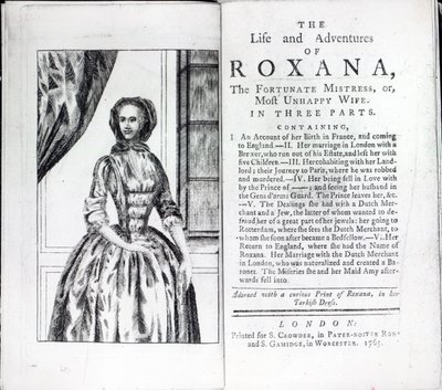 Frontispice de Roxana, La Maîtresse Fortunée de Daniel Defoe, édition publiée en 1765 - English School