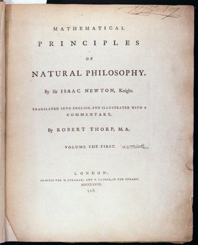 Frontispice du Volume I des Principes mathématiques de la philosophie naturelle par Sir Isaac Newton (1642-1727) 1777 - English School