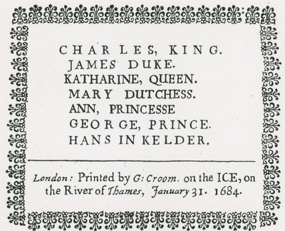 Foire sur la glace sur la Tamise, souvenir imprimé pour le roi Charles II et sa famille, 1684 - English School