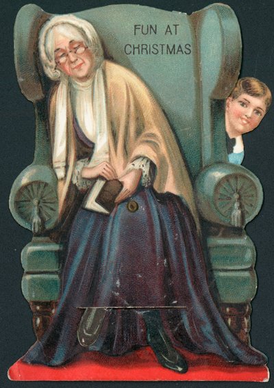 Amusement à Noël, caché derrière une chaise, Carte de Noël - English School