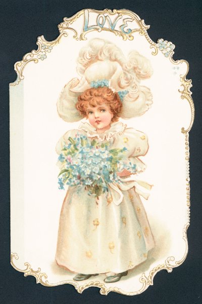 Fille tenant un bouquet de fleurs, Carte de Noël - English School