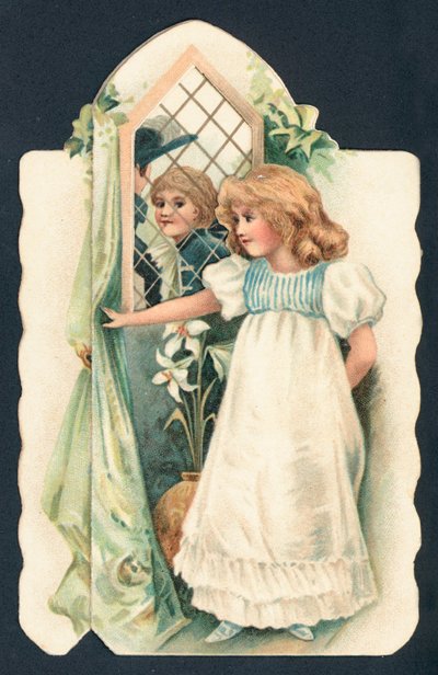 Fille regardant un garçon par la fenêtre, Carte de Noël - English School