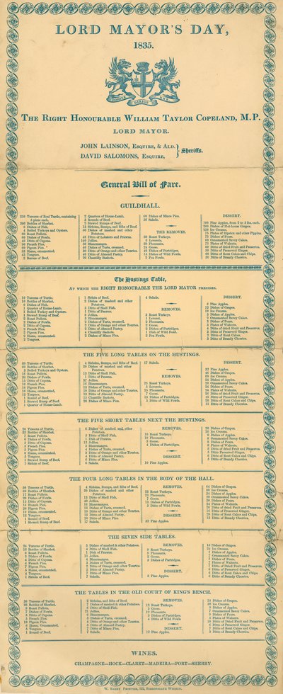 Menu général pour le jour du Lord Maire, Guildhall, Londres, le 9 novembre 1835 - English School