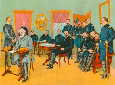 Le général Lee signant les termes de paix rédigés par le général Grant - English School