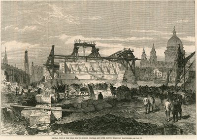 Vue générale des travaux pour le pont ferroviaire de Londres, Chatham et Dover à Blackfriars, Londres - English School