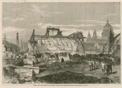 Vue générale des travaux pour le pont ferroviaire de London, Chatham et Dover à Blackfriars - English School