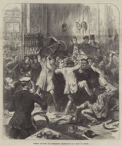 Soldats allemands et Français se querellant dans un café à Reims (gravure) - English School