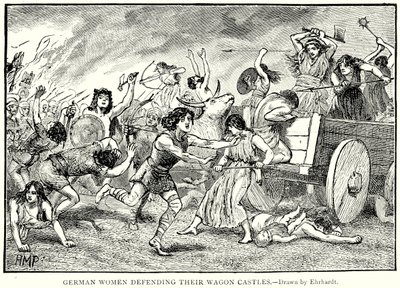 Femmes allemandes défendant leurs châteaux de chariots (gravure) - English School