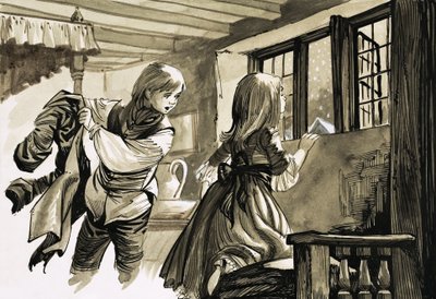 Fille et garçon regardant dans la neige - English School