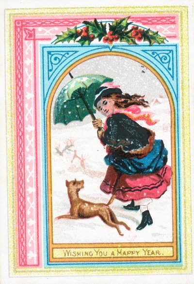 Fille et chien courant dans la neige - English School