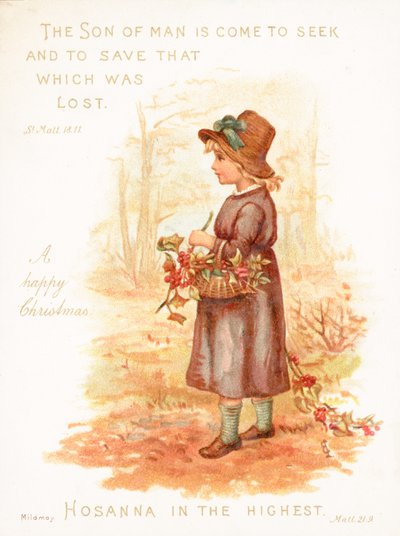 Fille portant un panier de houx, Carte de Noël - English School