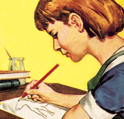 Fille dessinant au crayon - English School