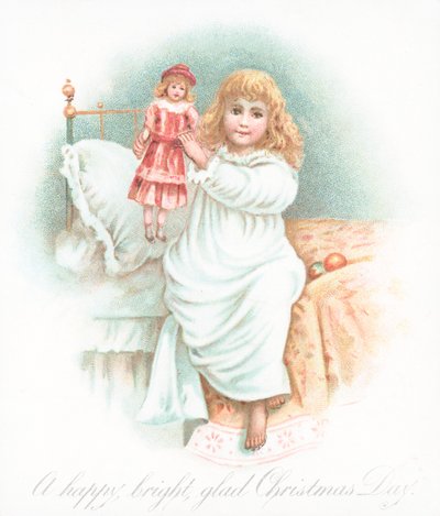 Fille sortant du lit le matin de Noël avec un cadeau, carte de Noël - English School