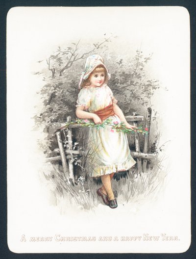 Fille appuyée sur une clôture tenant un bouquet de fleurs, carte de Noël - English School