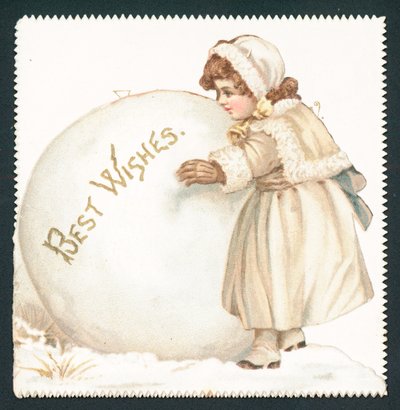 Fille roulant une boule de neige géante, Carte de Noël - English School