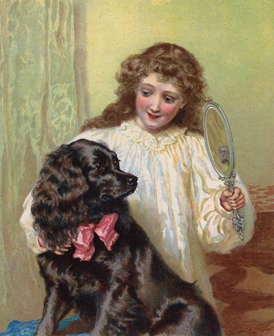 Fille montrant à son chien son reflet dans un miroir - English School
