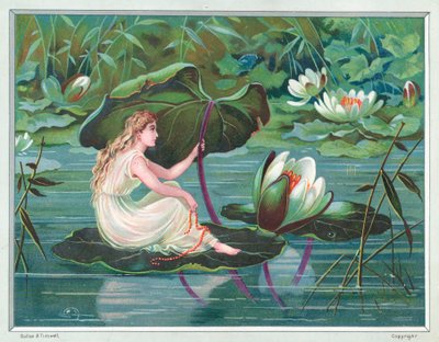 Fille assise sur un nénuphar dans un étang - English School
