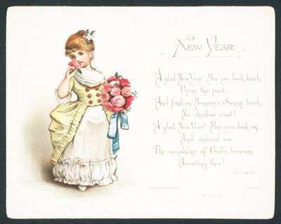 Fille sentant des roses, carte de Nouvel An - English School