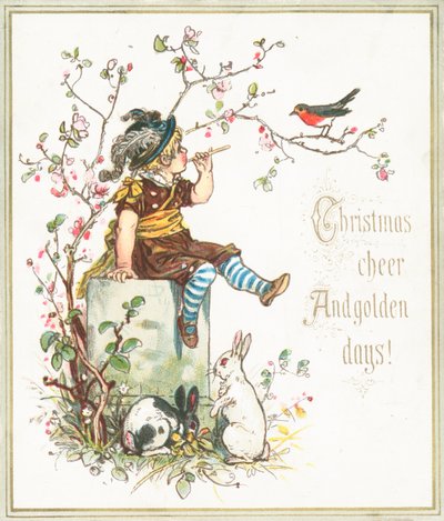 Fille avec des lapins, sifflant au rouge-gorge, Carte de Noël - English School