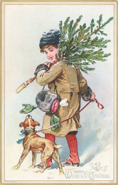 Fille avec chien portant un sapin de Noël, Carte de Noël - English School