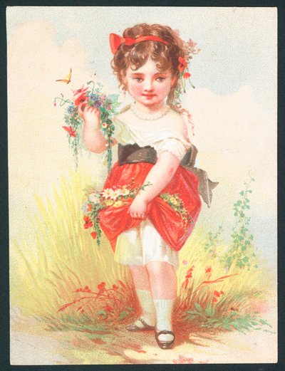 Fille avec des fleurs et un papillon - Carte de vœux victorienne - English School