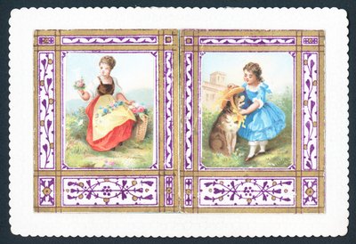 Fille avec des fleurs et mettant un chapeau sur un chien, Carte de Noël - English School