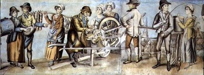 Aller à la foire, détail (affûteur de couteaux et commerçants), vers 1815 (aquarelle et gouache sur papier) - English School