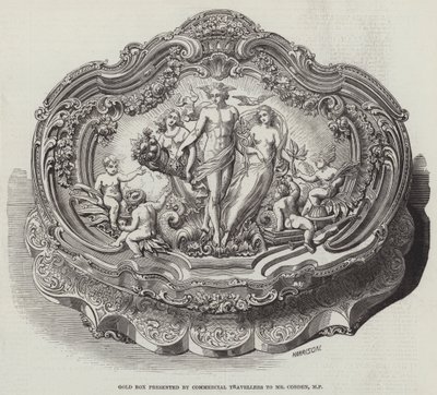 Boîte en or présentée par les voyageurs de commerce à M. Cobden, député (gravure) - English School