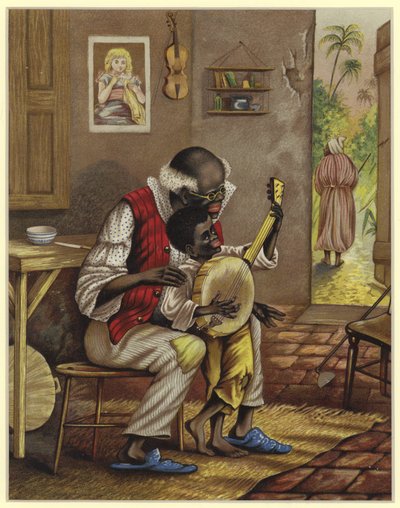 Grand-père apprenant à un enfant à jouer du banjo - English School