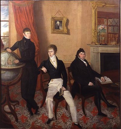 Portrait de groupe de trois hommes dans un intérieur de salon élaboré, vers 1825 - English School