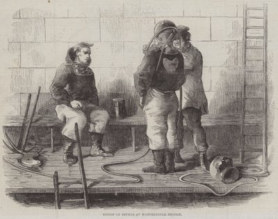 Groupe de plongeurs au pont de Westminster (gravure) - English School