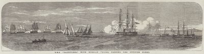 HMS "Dauntless", avec des prises russes, passant devant la flotte suédoise (gravure) - English School
